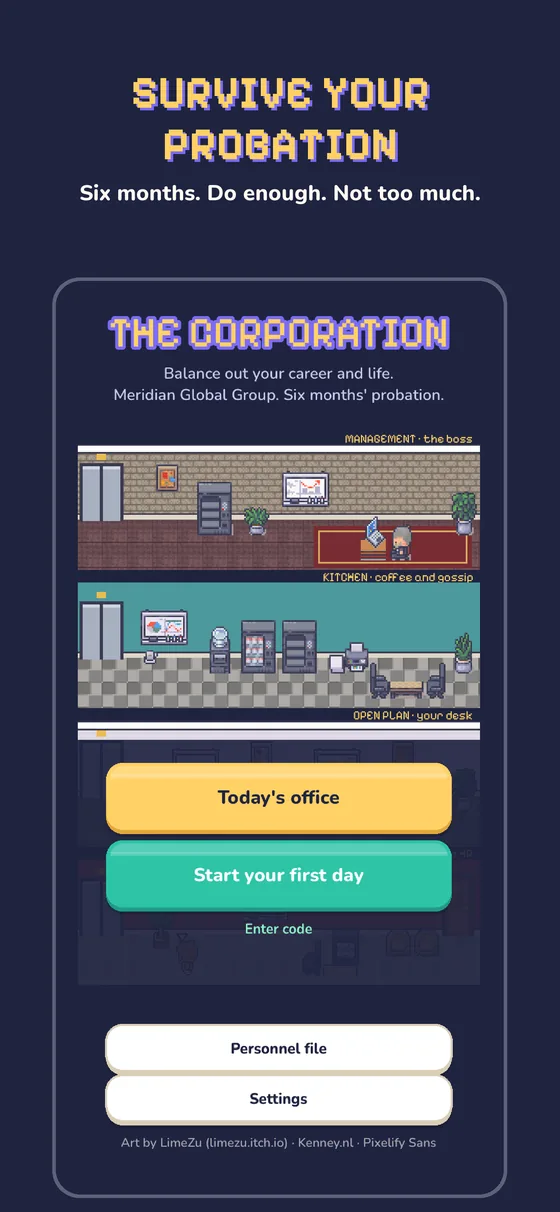 Survive your probation: the title screen.